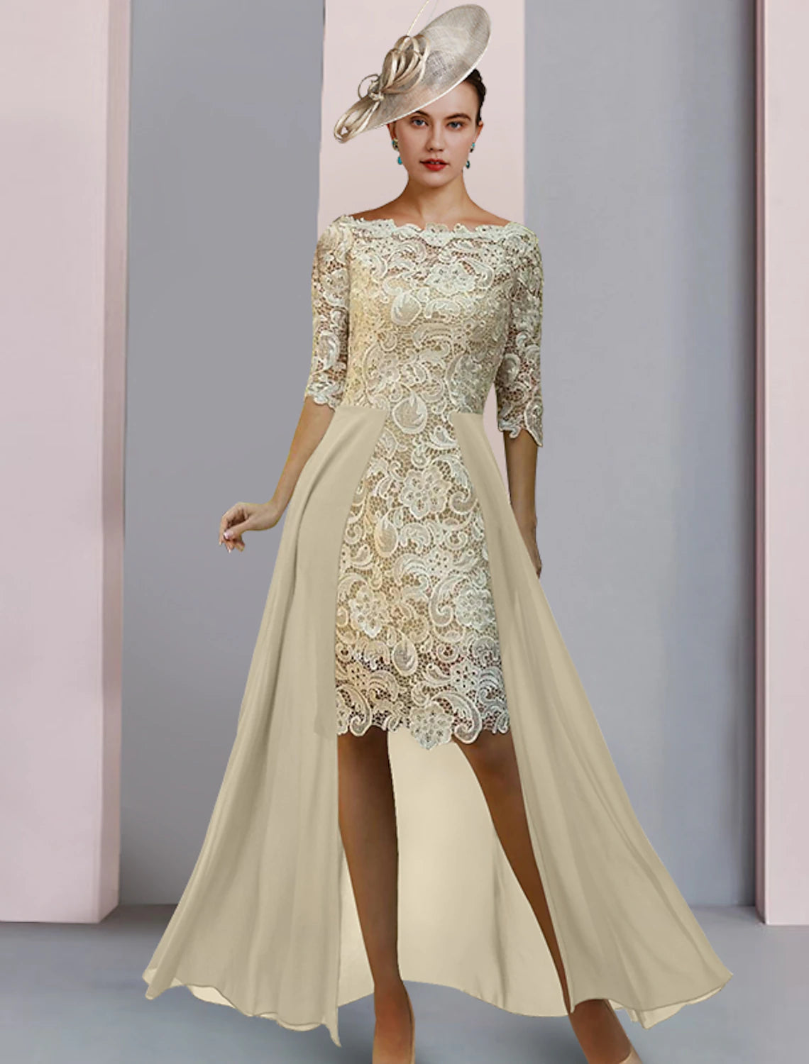 Wholesale  Sheath / Column Mother of the Bride Dress Formal Wedding Guest Elegant Scoop Neck Knee Length Chiffon Lace Half Sleeve with Appliques